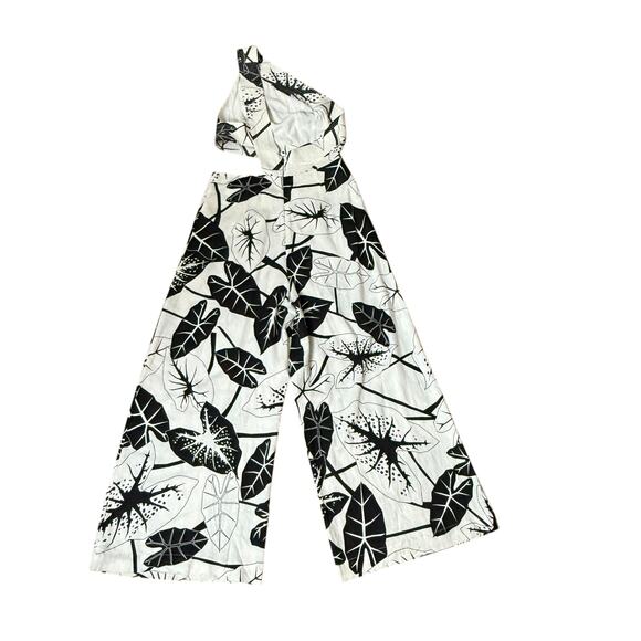 Farm Rio Graphic Leaves One Shoulder Linen-Blend Jumpsuit  Size M Cutout Waist - Picture 10 of 12